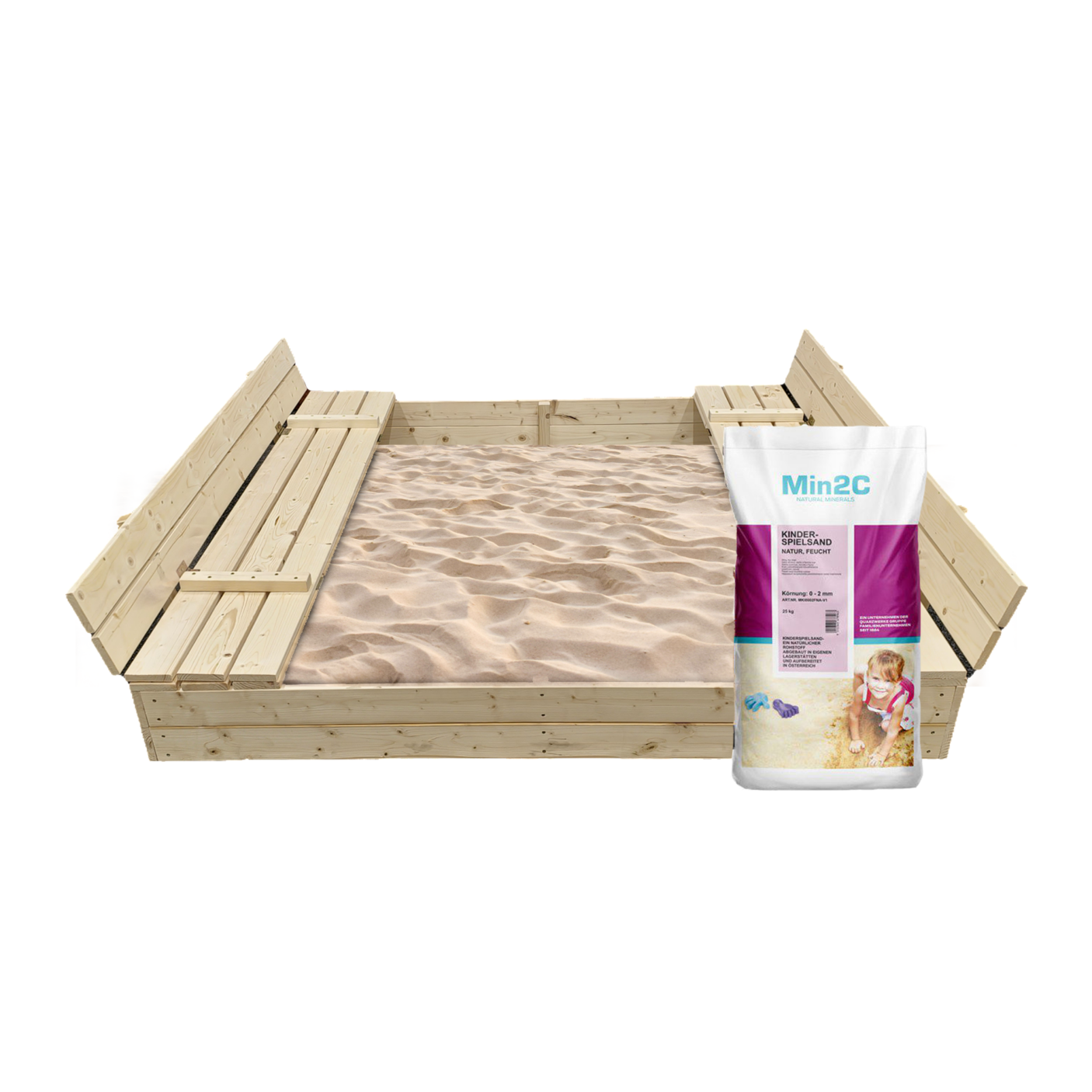 Puidust täiskomplektne liivakast Bonus Orbis 160x160 cm koos katte ja 400 kg liivaga